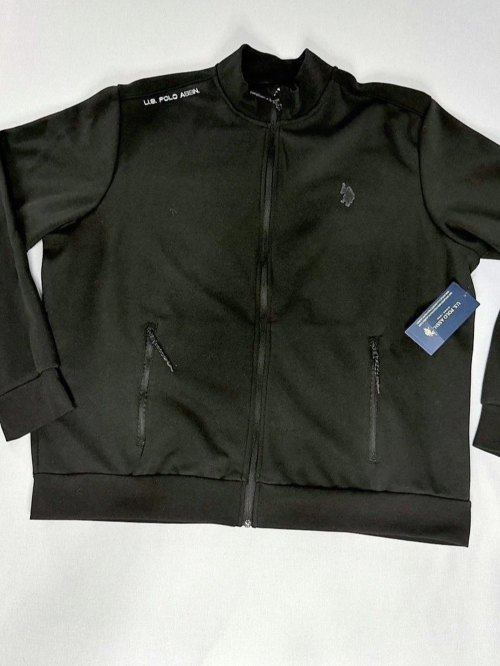U.S. Polo Assn. Black Full Zip Track Jacket Mock Neck Rubberized Logo